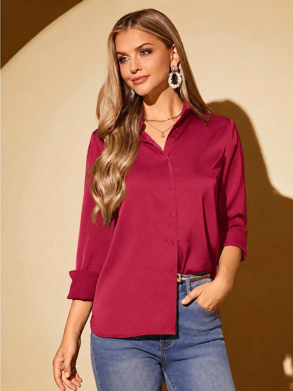 Classic Button-Front Satiny Blouse in Deep Red
